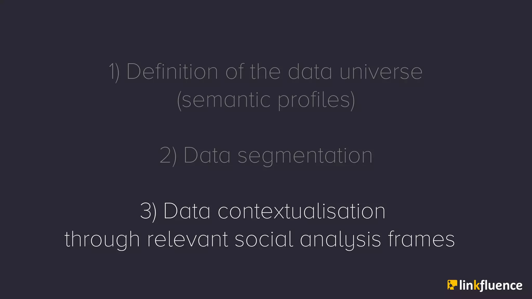 1) Definition of the data universe
(semantic profiles)
2) Data segmentation
3) Data contextualisation
through relevant social analysis frames
 