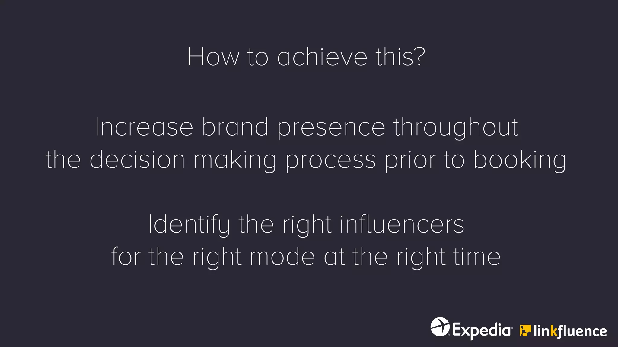 How to achieve this?
Increase brand presence throughout
the decision making process prior to booking
Identify the right influencers
for the right mode at the right time
 