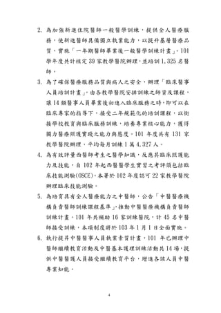 4
2. 為加強新進住院醫師一般醫學訓練，提供全人醫療服
務，使新進醫師具備獨立執業能力，以提升基層醫療品
質，實施「一年期醫師畢業後一般醫學訓練計畫」。101
學年度共計核定 39 家教學醫院辦理，並培訓 1,325 名醫
師。
3. 為了確保醫療服務品質與病人之安全，辦理「臨床醫事
人員培訓計畫」。由各教學醫院安排訓練之師資及課程，
讓 14 類醫事人員畢業後初進入臨床服務之時，即可以在
臨床專家的指導下，接受二年規範化的培訓課程，以銜
接學校教育與臨床服務訓練，培養專業核心能力，獲得
獨力醫療照護實踐之能力與態度。101 年度共有 131 家
教學醫院辦理，平均每月訓練 1 萬 4,327 人。
4. 為有效評量西醫師考生之醫學知識，反應其臨床照護能
力及技能，自 102 年起西醫醫學生實習之考評須包括臨
床技能測驗(OSCE)。本署於 102 年度認可 22 家教學醫院
辦理臨床技能測驗。
5. 為培育具有全人醫療能力之中醫師，公告「中醫醫療機
構負責醫師訓練課程基準」，推動中醫醫療機構負責醫師
訓練計畫。101 年共補助 16 家訓練醫院，計 45 名中醫
師接受訓練，本項制度將於 103 年 1 月 1 日全面實施。
6. 執行提昇中醫醫事人員執業素質計畫，101 年已辦理中
醫師繼續教育活動及中醫基本護理訓練活動共 14 場，提
供中醫醫護人員接受繼續教育平台，增進各該人員中醫
專業知能。
 