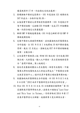 41
獲違規案件 17 件，均由衛生局依法處理。
3. 持續推動中藥材包裝標示，101 年度查核 121 項藥材共
507 件產品，合格率為 99.6%。
4. 加強落實中藥材之異常物質限量標準，101 年度執行市
售中藥材抽驗，已抽驗 331 件檢體，完成 271 件檢體檢
驗，均符合規定之限量範圍。
5. 辦理 GMP 中藥廠後續查廠，101 年度已辦理 49 家 GMP 中
藥廠後續查廠。
6. 完備中藥材之源頭管理機制，並依據海峽兩岸醫藥衛生
合作協議，自 101 年 8 月 1 日起實施 10 項中藥材邊境
管理，截至 12 月底止，查驗完成 857 件中藥材報驗通
關案，全數合格。
7. 公告臺灣中藥典第二版，新增 101 個品項，合計收載 300
個品項。凡供製造、輸入之中藥材，其品質與規格需符
合「臺灣中藥典」第二版規定。
8. 委託奇美醫療財團法人奇美醫院、柳營奇美醫院、中國
醫藥大學附設醫院及大仁科技大學成立「中醫藥安全衛
生教育資源中心」，提升民眾中醫藥正確就醫用藥知能。
9. 依據海峽兩岸醫藥衛生合作協議，於 101 年 9 月 5 日至
6 日召開「2012 兩岸中醫藥研究合作與交流研討會」。
10. 參加 101 年 9 月 14 日至 16 日假韓國首爾舉辦「第 16
屆國際東洋醫學學術大會」，並發表口頭論文「Last Year
and This Year in Taiwan」，同時爭取到 2014 年第 17
屆東洋醫學會之主辦權，我國將第 4 度主辦該大會。
 
