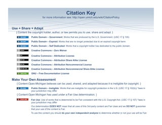 Citation Key
                          for more information see: http://open.umich.edu/wiki/CitationPolicy



Use + Share + Adapt
  { Content the copyright holder, author, or law permits you to use, share and adapt. }
               Public Domain – Government: Works that are produced by the U.S. Government. (USC 17 § 105)
               Public Domain – Expired: Works that are no longer protected due to an expired copyright term.
               Public Domain – Self Dedicated: Works that a copyright holder has dedicated to the public domain.

               Creative Commons – Zero Waiver

               Creative Commons – Attribution License
               Creative Commons – Attribution Share Alike License
               Creative Commons – Attribution Noncommercial License
               Creative Commons – Attribution Noncommercial Share Alike License
               GNU – Free Documentation License

Make Your Own Assessment
  { Content Open.Michigan believes can be used, shared, and adapted because it is ineligible for copyright. }
               Public Domain – Ineligible: Works that are ineligible for copyright protection in the U.S. (USC 17 § 102(b)) *laws in
               your jurisdiction may differ
   { Content Open.Michigan has used under a Fair Use determination. }
               Fair Use: Use of works that is determined to be Fair consistent with the U.S. Copyright Act. (USC 17 § 107) *laws in
               your jurisdiction may differ
               Our determination DOES NOT mean that all uses of this 3rd-party content are Fair Uses and we DO NOT guarantee
               that your use of the content is Fair.
               To use this content you should do your own independent analysis to determine whether or not your use will be Fair.
 