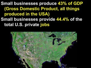 Small businesses produce  43% of GDP   (Gross Domestic Product, all things produced in the USA) Small businesses provide  44.4%  of the total U.S. private  jobs   