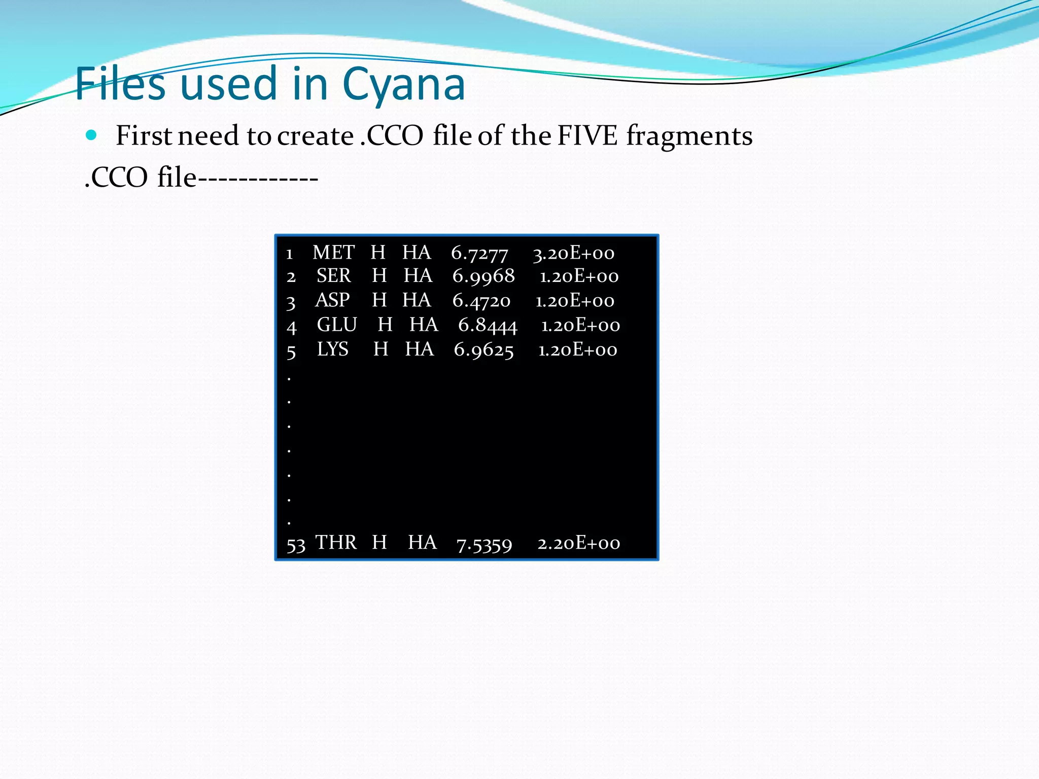 Files	used	in	Cyana
— Firstneed to create .CCO file of the FIVE fragments
.CCO file------------
1 MET H HA 6.7277 3.20E+00
2 SER H HA 6.9968 1.20E+00
3 ASP H HA 6.4720 1.20E+00
4 GLU H HA 6.8444 1.20E+00
5 LYS H HA 6.9625 1.20E+00
.
.
.
.
.
.
.
53 THR H HA 7.5359 2.20E+00
 