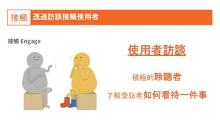 透過訪談接觸使用者接觸
使用者訪談
積極的聆聽者
了解受訪者如何看待一件事
 