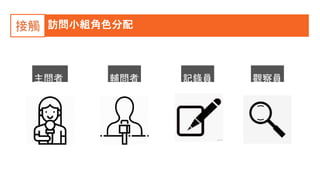 訪問小組角色分配接觸
主問者 輔問者 記錄員 觀察員
 