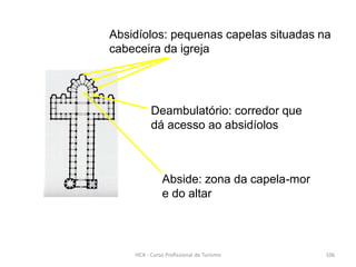Abside: zona da capela-mor
e do altar
Absidíolos: pequenas capelas situadas na
cabeceira da igreja
Deambulatório: corredor que
dá acesso ao absidíolos
HCA - Curso Profissional de Turismo 106
 