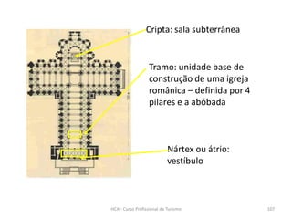 Tramo: unidade base de
construção de uma igreja
românica – definida por 4
pilares e a abóbada
Cripta: sala subterrânea
Nártex ou átrio:
vestíbulo
HCA - Curso Profissional de Turismo 107
 