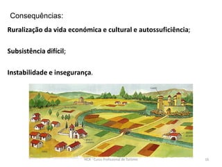Ruralização da vida económica e cultural e autossuficiência;
Subsistência difícil;
Instabilidade e insegurança.
Consequências:
HCA - Curso Profissional de Turismo 16
 