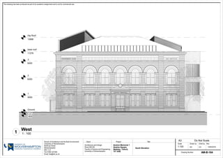 Ground
0
1
3000
2
6400
3
9400
base roof
11276
Hip Roof
13896
TOF
-600
Drawing Number
Scale
TitleProjectClientSchool of Architecture and the Built Environment
University of Wolverhampton
Wulfruna Street
Wolverhampton
WV1 1LY
Tel 01902 321000
Email: fse@wlv.ac.uk
Architecture and Design
Room MA109
Faculty of Science and Engineering
University of Wolverhampton
Drawn by Chkd by Rev
A3 Do Not Scale
This drawing has been produced as part of an academic assignment and is not for commercial use.
SO CO 13/05/2016
AM-B-104
South Elevation
Anstice Memorial 1
Anstice Square,
Madeley, Telford,
TF7 5PB
1 : 100
West
1
1:100
 