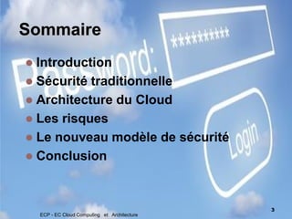  Introduction
 Sécurité traditionnelle
 Architecture du Cloud
 Les risques
 Le nouveau modèle de sécurité
 Conclusion
Sommaire
3
ECP - EC Cloud Computing et Architecture
 