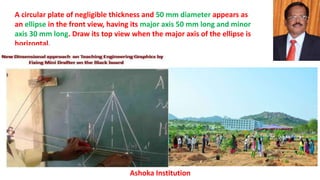 A circular plate of negligible thickness and 50 mm diameter appears as
an ellipse in the front view, having its major axis 50 mm long and minor
axis 30 mm long. Draw its top view when the major axis of the ellipse is
horizontal.
Ashoka Institution
 