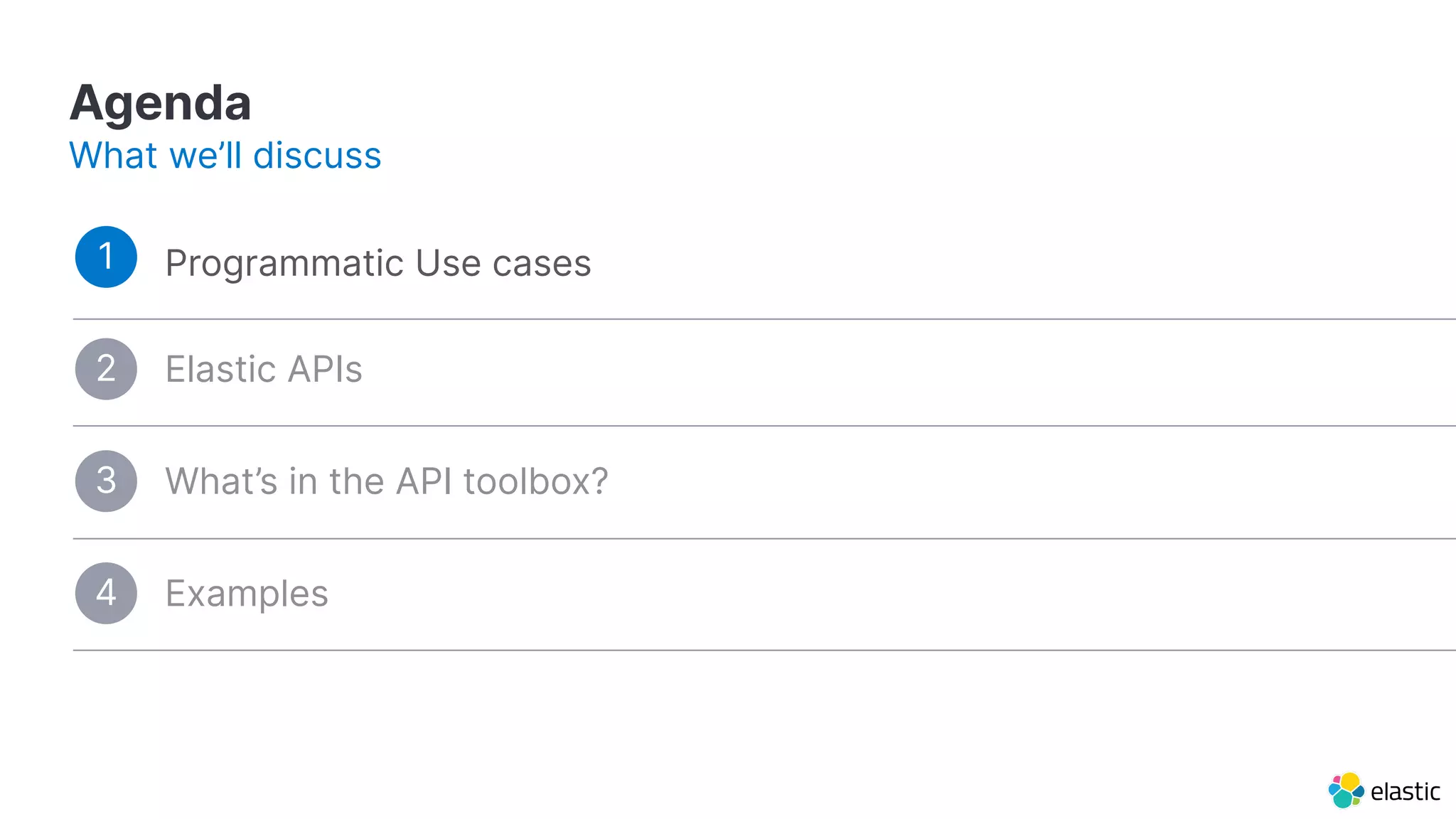 What’s in the API toolbox?
Agenda
What we’ll discuss
Programmatic Use cases
3
Examples4
Elastic APIs2
1
 