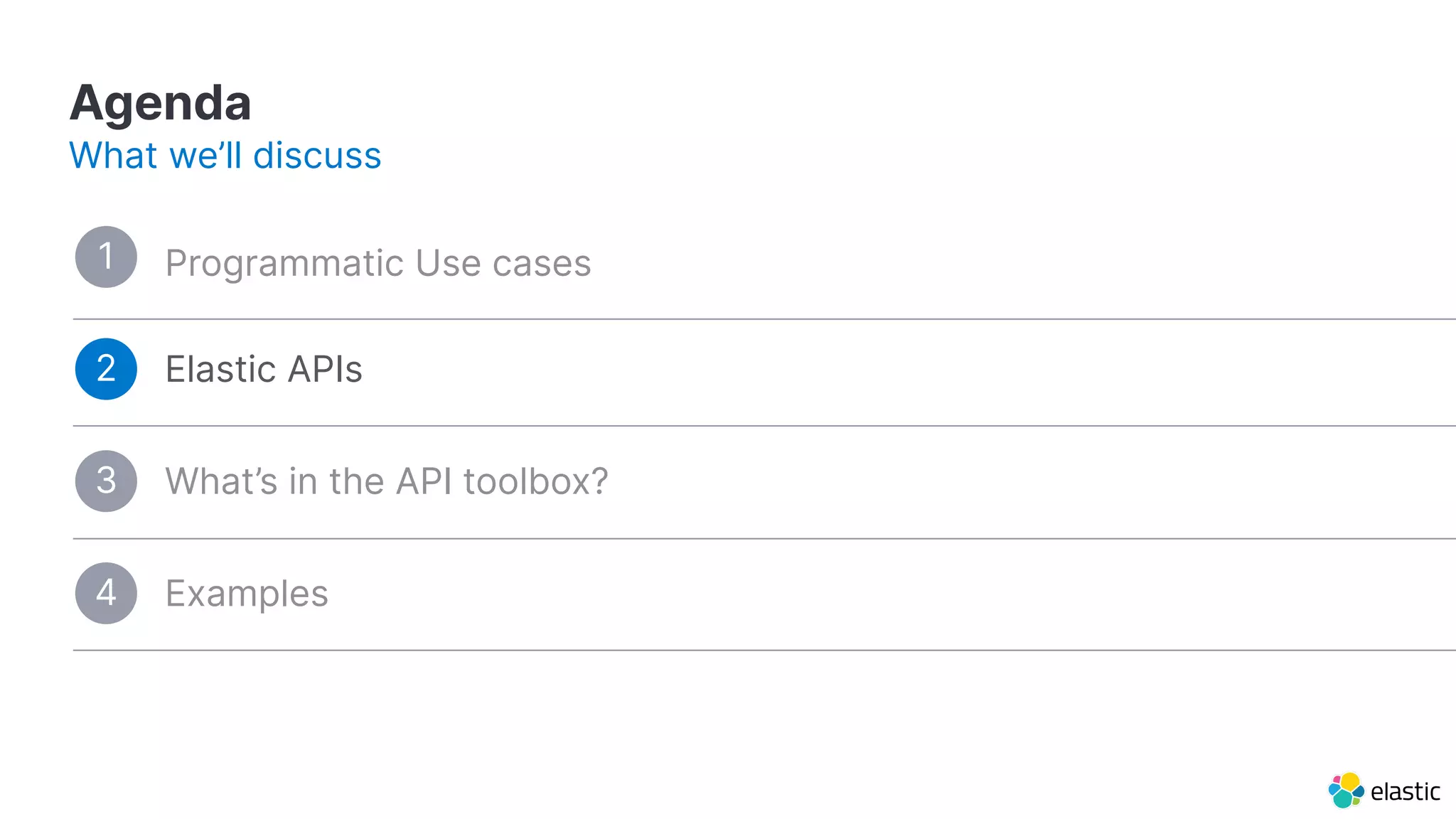 Agenda
What we’ll discuss
Programmatic Use cases1
What’s in the API toolbox?3
Examples4
Elastic APIs2
 