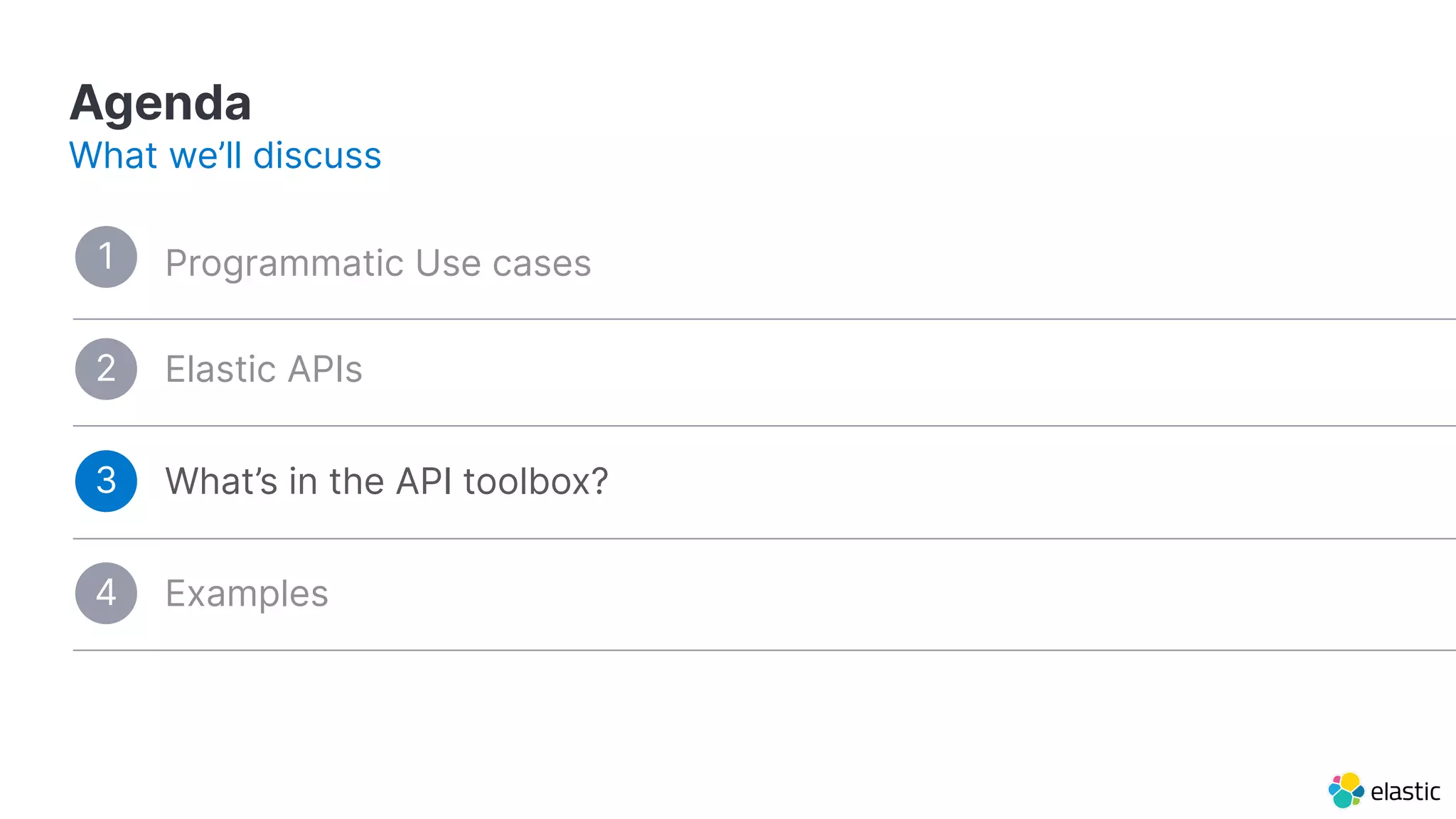 What’s in the API toolbox?
Agenda
What we’ll discuss
Programmatic Use cases1
3
Examples4
Elastic APIs2
 