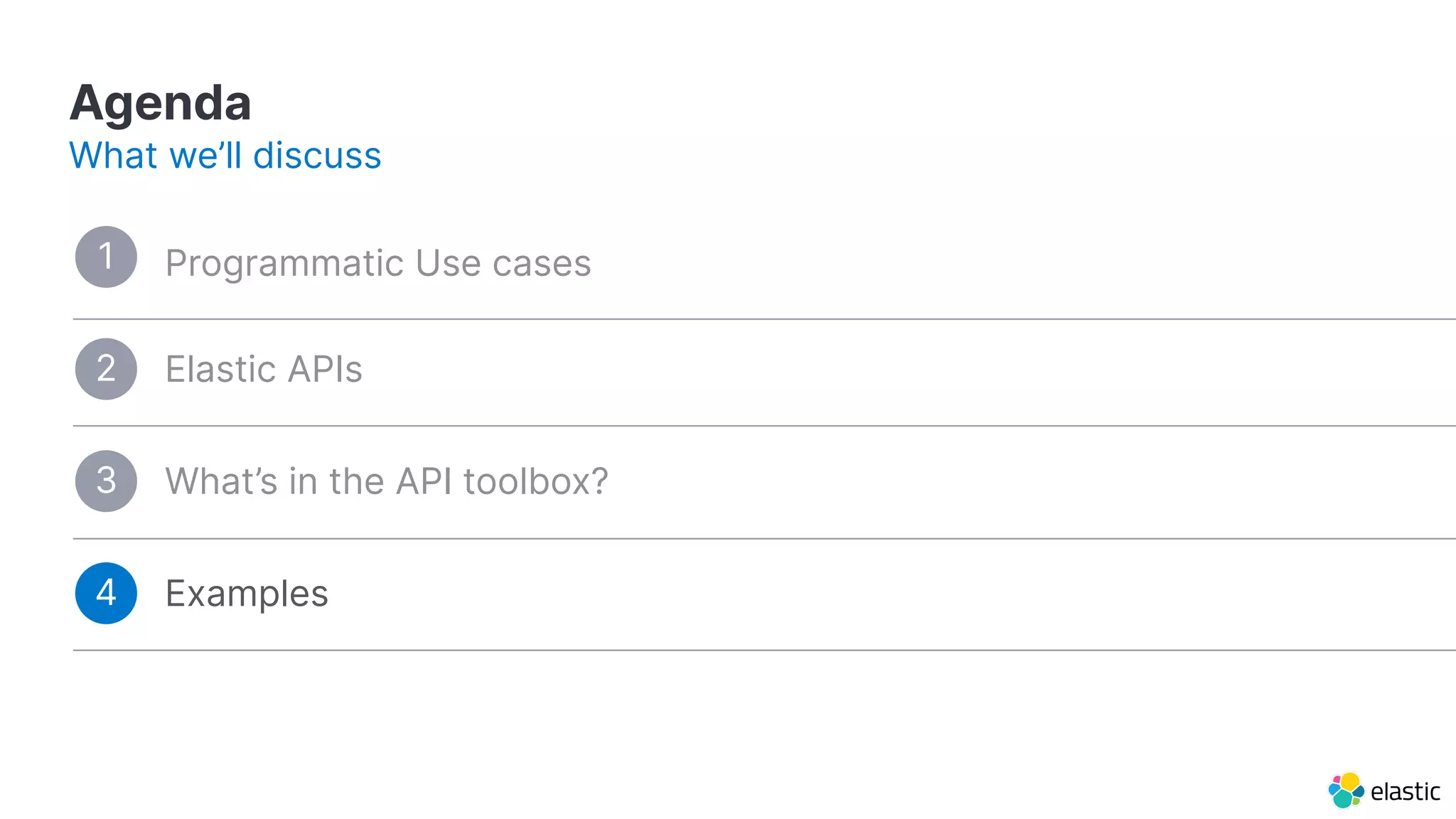 Examples
Elastic APIs
Agenda
What we’ll discuss
Programmatic Use cases1
What’s in the API toolbox?3
4
2
 
