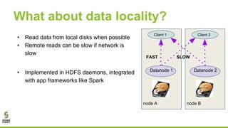 What about data locality?
• Read data from local disks when possible
• Remote reads can be slow if network is
slow
• Implemented in HDFS daemons, integrated
with app frameworks like Spark
Client 2
node B
Client 1
node A
Datanode 1 Datanode 2
SLOWFAST
 