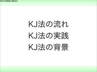 KJ法の流れ
KJ法の実践
KJ法の背景
断片的情報の構造化
 
 
 
 