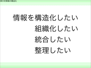 情報を構造化したい
   組織化したい
  統合したい
  整理したい
断片的情報の構造化
 
 
 
 