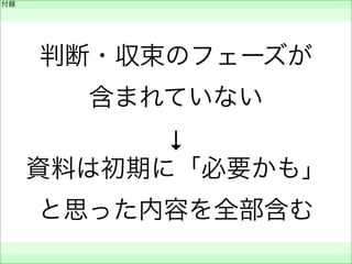付録
 
 
 
判断・収束のフェーズが
含まれていない
↓
資料は初期に「必要かも」
と思った内容を全部含む
 