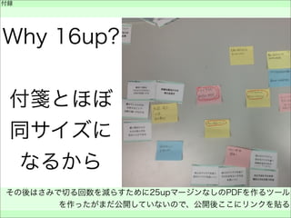 付録
 
 
Why 16up?
付箋とほぼ
同サイズに
なるから
その後はさみで切る回数を減らすために25upマージンなしのPDFを作るツール
を作ったがまだ公開していないので、公開後ここにリンクを貼る
 