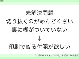 付録
 
「はがせるスティックのり」を試してみる予定
 
未解決問題
切り抜くのがめんどくさい
裏に糊がついていない
↓
印刷できる付箋が欲しい
 