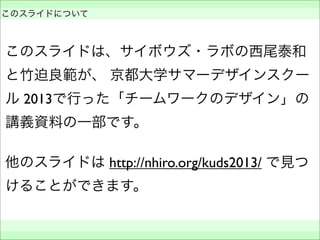 このスライドは、サイボウズ・ラボの西尾泰和
と竹迫良範が、 京都大学サマーデザインスクー
ル 2013で行った「チームワークのデザイン」の
講義資料の一部です。
他のスライドは http://nhiro.org/kuds2013/ で見つ
けることができます。
 
このスライドについて
 
 
 
