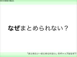 なぜまとめられない？
断片的情報の構造化
 
「まとめたい→まとめられない」のギャップはなぜ？
 
 