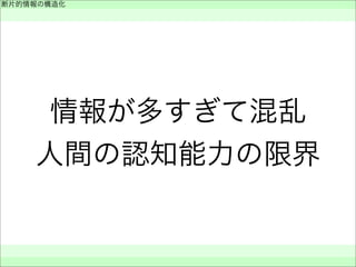 情報が多すぎて混乱
人間の認知能力の限界
断片的情報の構造化
 
 
 
 