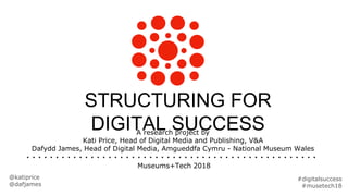 STRUCTURING FOR
DIGITAL SUCCESSA research project by
Kati Price, Head of Digital Media and Publishing, V&A
Dafydd James, Head of Digital Media, Amgueddfa Cymru - National Museum Wales
@katiprice
@dafjames
Museums+Tech 2018
#digitalsuccess
#musetech18
 