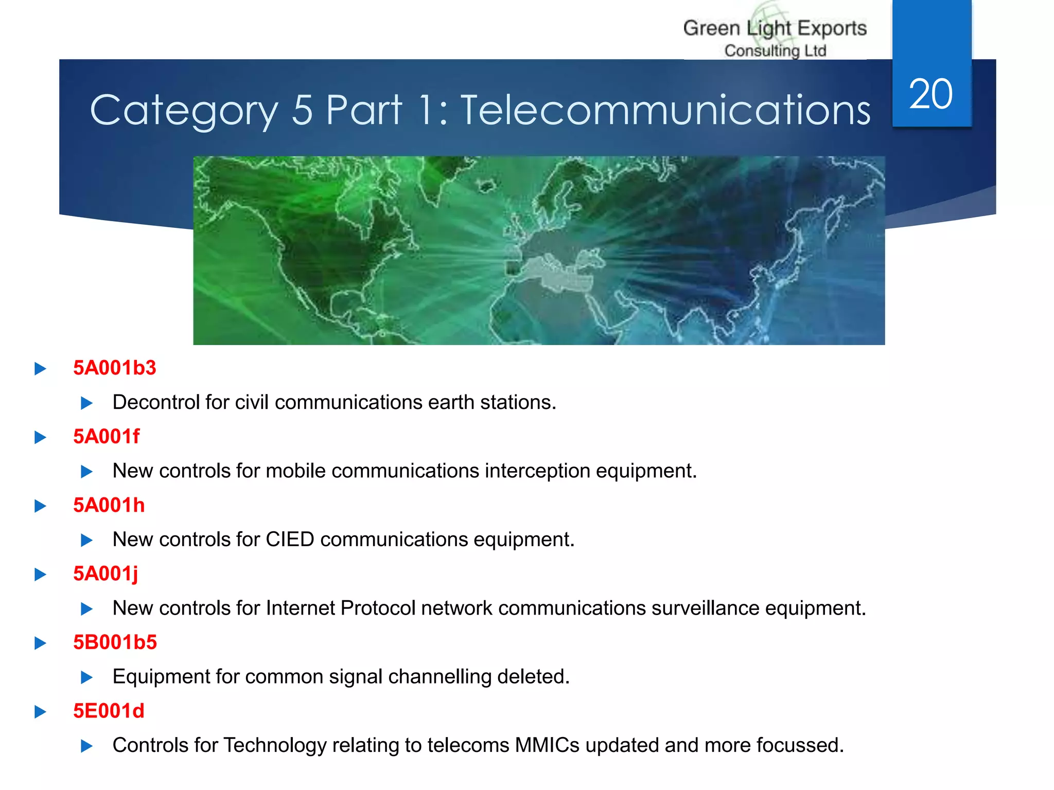 Category 5 Part 1: Telecommunications
 5A001b3
 Decontrol for civil communications earth stations.
 5A001f
 New controls for mobile communications interception equipment.
 5A001h
 New controls for CIED communications equipment.
 5A001j
 New controls for Internet Protocol network communications surveillance equipment.
 5B001b5
 Equipment for common signal channelling deleted.
 5E001d
 Controls for Technology relating to telecoms MMICs updated and more focussed.
20
 