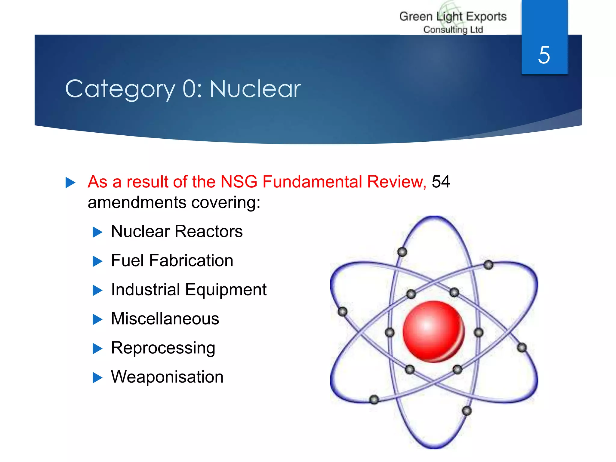 Category 0: Nuclear
 As a result of the NSG Fundamental Review, 54
amendments covering:
 Nuclear Reactors
 Fuel Fabrication
 Industrial Equipment
 Miscellaneous
 Reprocessing
 Weaponisation
5
 