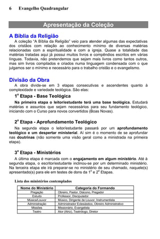 6 Evangelho Quadrangular
Apresentação da Coleção
A Bíblia da Religião
A coleção “A Bíblia da Religião” veio para atender algumas das expectativas
dos cristãos com relação ao conhecimento mínimo de diversas matérias
relacionadas com a espiritualidade e com a igreja. Quase a totalidade das
matérias tratadas aqui já possui muitos livros e compêndios escritos em várias
línguas. Todavia, não pretendemos que sejam mais livros como tantos outros,
mas sim livros compilados e criados numa linguagem condensada com o que
julgamos ser o mínimo e necessário para o trabalho cristão e o evangelismo.
Divisão da Obra
A obra divide-se em 3 etapas consecutivas e ascendentes quanto à
complexidade e variedade teológica. São elas:
1
a
Etapa - Base Teológica
Na primeira etapa o leitor/estudante terá uma base teológica. Estudará
matérias e assuntos que sejam necessários para seu fundamento teológico,
iniciando com o Curso para novos convertidos (Boas Novas).
2
a
Etapa - Aprofundamento Teológico
Na segunda etapa o leitor/estudante passará por um aprofundamento
teológico e um despertar ministerial. Aí sim é o momento de se aprofundar
nas doutrinas (não somente uma visão geral como a ministrada na primeira
etapa).
3
a
Etapa - Ministérios
A última etapa é marcada com o engajamento em algum ministério. Até à
segunda etapa, o escritor/estudante inclinou-se por um determinado ministério.
Na terceira etapa ele irá preparar-se no ministério de seu chamado, naquele(s)
apresentado(s) para ele em testes de dons da 1
a
e 2
a
Etapas.
Lista dos ministérios contemplados
Nome do Ministério Categoria do Formando
Pregação Obreiro, Pastor, Diácono, Pregador
Estudo Professor, Discipulador
Música/Louvor Músico, Dirigente de Louvor, Instrumentista
Administração Administrador Eclesiástico, Obreiro Administrativo
Missões Missionário, Evangelista
Teatro Ator (Atriz), Teatrólogo, Diretor
 