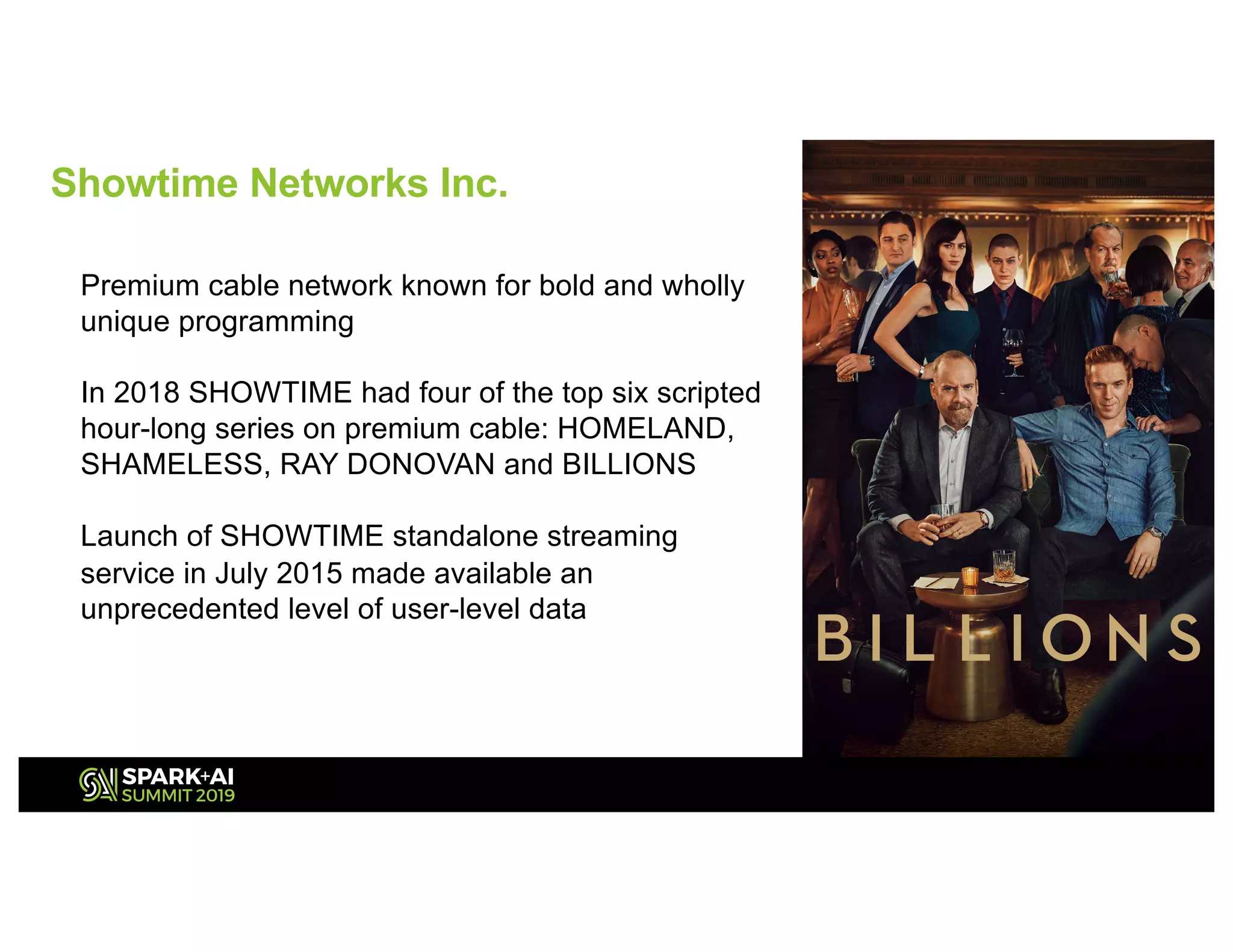 Premium cable network known for bold and wholly
unique programming
In 2018 SHOWTIME had four of the top six scripted
hour-long series on premium cable: HOMELAND,
SHAMELESS, RAY DONOVAN and BILLIONS
Launch of SHOWTIME standalone streaming
service in July 2015 made available an
unprecedented level of user-level data
Showtime Networks Inc.
 