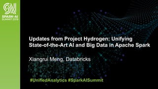 Xiangrui Meng, Databricks
Updates from Project Hydrogen: Unifying
State-of-the-Art AI and Big Data in Apache Spark
#UnifiedAnalytics #SparkAISummit
 