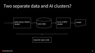 Two separate data and AI clusters?
load using a Spark
cluster
fit on a GPU
cluster
model
save data
required: glue code
12
 