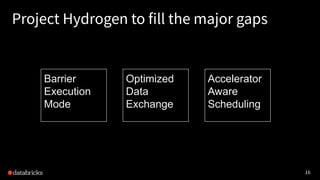 16
Project Hydrogen to fill the major gaps
Barrier
Execution
Mode
Optimized
Data
Exchange
Accelerator
Aware
Scheduling
 