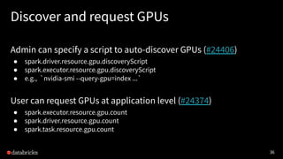 36
Discover and request GPUs
Admin can specify a script to auto-discover GPUs (#24406)
● spark.driver.resource.gpu.discoveryScript
● spark.executor.resource.gpu.discoveryScript
● e.g., `nvidia-smi --query-gpu=index ...`
User can request GPUs at application level (#24374)
● spark.executor.resource.gpu.count
● spark.driver.resource.gpu.count
● spark.task.resource.gpu.count
 