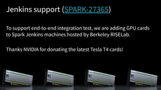 39
Jenkins support (SPARK-27365)
To support end-to-end integration test, we are adding GPU cards
to Spark Jenkins machines hosted by Berkeley RISELab.
Thanks NVIDIA for donating the latest Tesla T4 cards!
 