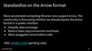53
Standardize on the Arrow format
Many accelerated computing libraries now support Arrow. The
community is discussing whether we should expose the Arrow
format in a public interface.
● Simplify data exchange.
● Reduce data copy/conversion overhead.
● Allow pluggable vectorization code.
JIRA: SPARK-27396 (pending vote)
 