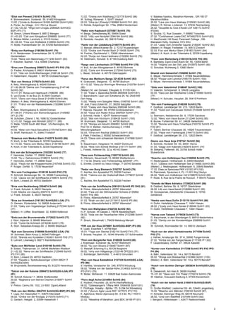 *Eliot von Prevent 2161674 SchH3 (78)                    13.02. *Orsina vom Waldhang 2132178 SchH2 (96)           V. Balakas-Vasiliou, Marathon Kennels , GR-190 07
K. Bommersheim, Vorderstr. 39, 61462 Königstein          W. Schlag, Römerstr. 1, 52477 Alsdorf                    Marathon/Attikis
13.02. (*)Unita du Boidamont SHSB 646358 (SchH1)(92)     05.03. *Ultra de L'Erkadyl 2165886 SchH3 FH1 (85)        25.02. *Lara vom Haus Wallrapp 2155093 SchH2 (98)
A. Perler, Au Village , CH-1724 Le Mouret                D. Rohde, Butjadinger Str. 179a, 26954 Nordenham         (Mieter): R. Körner, Lindenstr. 13, 97234 Reichenberg
21.+22.+23.02. *Wiga vom Linzgau 2084826 SchH3(G-                                                                 26.02. *Soupette du Clos d'Aoste LOF 536113 SchH3
BSP) IP3 (71)                                            *Falko vom Kapbusch 2078587 SchH3 (76)                   IP2(94)
M. Simon, Untere Wiesen 9, 88512 Mengen                  H. Berge, Oelmüllerweg 80, 59494 Soest                   S. Scubla, 12, Rue Gosselin , F-59980 Troisvilles
01.+03.03. *Cati vom Königsforst 2098982 SchH3 (77)      09.02. *Xilly vom Nordpfeil 2084184 SchH2 (88)           27.02. *Conbhairean Leska EKC AF04827610 SchH1(83)
E. Böcker-Müller, Lenzholz 4, 51515 Kürten               S. Rembde, Hauptstr. 40, 39615 Pollitz                   H. MacDonald, Hill Road, Parenwell Cottage , GB-
06.+08.03. *Fina vom Wolfsblick 2128554 SchH3 (76)                                                                Blairadam Kelty, Scotland, KY4 0HU
H. Stolte, Frankenthaler Str. 34, 67259 Beindersheim     *Fanto von der Lobdeburg 2149779 SchH3 (81)              01.03. *Jassy vom Zirndorfer Gauner 2183047 SchH2 (82)
                                                         O. Menzel, Alfred-Krämer-Str. 2, 72127 Kusterdingen      (Mieter): H. Riegel, Freiheitstr. 13, 90513 Zirndorf
*Endy von Karthago 2165366 SchH1 (74)                    13.02. *Ondra vom Pendel Bach 2119426 SchH1 (79)         02.03. Foxi vom Merkur-Stern 2181803 SchH1 (94)
K.-H. Niedermeier, Gramschatzer Str. 6, 97261            M. Fischer, Öschlenshof 1, 73095 Albershausen            (Mieter): A. Koch, In der Tütenbeke 6, 32339 Espelkamp
Güntersleben                                             02.03. *Dunja von Haus Heldmann 2152650 SchH2 (78)
15.02. *Nena vom Beerenweg 2111236 SchH1 (83)            M. Heldmann, Schulstr. 6, 47199 Duisburg-Bahl            *Franz vom Wartenberg 2180129 SchH3 FH2 (95)
F. Kreutner, Bachstr. 14 a, 93466 Chamerau                                                                        K. Bamberg, Egon-Erwin-Kisch-Str. 55, 13059 Berlin
                                                         *Fargo vom Lärchenhain 2177909 SchH2 FH1 (78)            14.02. *Virginia von der Old Lady 2153973 SchH1 (90)
*Enzo vom Clausberg 2096573 SchH3 IP3 FH2 (76)           H. Buß, An den Königstannen 8, 49163 Bohmte              G. Schultze, Wuhleweg 3, 12683 Berlin
G. Fiedler, Kirchplatz 8, 99631 Weißensee                23.02. *Carla vom Kronensee 2172040 SchH2 (75)
31.01. *Gila von Groß-Wechsungen 2186124 SchH1 (78)      L. Bauer, Schulstr. 4, 49179 Ostercappeln                Ghandi vom Geixenhof 2186590 SchH1 (78)
H. Habermann, Hauptstr. 1, 99735 Großwechsungen                                                                   E. Meyer, Hammerschmiede 1, 91564 Neuendettelsau
                                                         *Farus des Meilleurs Sangs 2214220 SchH3 (92)            08.02. *Flower vom Lehnhof 2165170 SchH1 (104)
*Eon von Nimbus 2178274 SchH3 (82)                       K. Grabowski, Steigerstr. 13, 44795 Bochum               S. Meyer, Hammerschmiede 1, 91564 Neuendettelsau
A. Betz, Wierlingskamp 8, 48249 Dülmen                   10.+12.02. *Sexy zur Worringer Rheinaue 2103784 SchH1
27.+30.06.08 *Delma vom Trompetersprung 2147148          (83)                                                     *Gido vom Valentinhof 2166947 SchH2 (100)
SchH3 (92)                                               (Mieter): M. van Dorssen, Efeuplatz 8, 51105 Köln        H. Valentin, Schützenstr. 9, 35428 Langgöns
15.+17.01. Ronja vom Heerbusch 2198285 (89)              11.02. *Ester v. Barendika NHSB 2600508 SchH1(81)        02.03. *Dara von der Holzheimer Linde 2135560 SchH2
S. van Eijnde, In de Bus 23, B-3945 Oostham              C. Barendrecht, Laan von Scheltema 25, NL-2548 AW        (77)
19.01. *Ziena vom Haus Dexel 2131659 SchH3 (86)          Den Haag                                                 (Mieter): H. Schuder, Hauptstr. 29, 35415 Pohlheim
(Mieter): A. Betz, Wierlingskamp 8, 48249 Dülmen         13.02. *Rabby vom Salzgitter Milieu 2186783 SchH1 (82)
21.01. *Fränzi von der Radsieksbeeke 2182866 SchH1       W. Jost, Franz-Zobel-Str. 37, 38259 Salzgitter           *Gio vom Frankengold 2188205 SchH3 (79)
(84)                                                     18.02. *Cessy vom Haus Niemes 2080246 SchH3 (88)         F. Goldlust, Landsberger Str. 213, 12623 Berlin
A. Betz, Wierlingskamp 8, 48249 Dülmen                   F. Niemes, Hauptstr. 68, 67259 Großniedesheim            11.02. *Goldi vom Ganzkower Schloß 2145488 SchH3 IP3
27.+29.01. (*)Yanka vom Elzmündungsraum 2145062          24.02. *Gesa vom Rader-Kreuz 2097021 SchH1 (71)          (82)
(IP1,2) (76)                                             J. Schmidt, Heide 1, 42477 Radevormwald                  U. Seemann, Neddeminer Str. 6, 17039 Ganzkow
M. Schütten, Zittend 1, NL-1696 BZ Gosterblokker         28.02. *Bibi vom Kirchturm 2156435 SchH1 (100)           12.02. *Merci vom Haus Burow 2112346 SchH2 (95)
12.+13.02. Twiggy vom Winnloh 2202111 (85)               W. Krumnack, Steigerstr. 13, 44795 Bochum                B. Burow, Fuhlenrüer Str. 41, 24628 Hartenholm
D. Melle, 12206 South 480 West , US-Remington, IN        01.03. *Wonjia von Aducht 2090851 SchH2 (69)             13.02. *Bonnie vom Haus Timanfaya 2163732 SchH3 IP3
47977                                                    Prof. Dr.H. Meßler, Hainbuchenweg 2, 41063               FH2 (81)
04.03. *Betzi vom Haus Sanusfera 2175158 SchH1 (82)      Mönchengladbach                                          F. Tabert, Berliner Chaussee 35, 14929 Treuenbrietzen
G. Wolff, Rambusch 71, 53842 Troisdorf                   02.03. *Orna vom Aischtal 2088333 SchH1 (83)             27.02. *Pepsi vom Frankengold 2164773 SchH3 (82)
                                                         J. Plate, Fröschau 2, 90592 Schwarzenbruck               F. Goldlust, Landsberger Str. 213, 12623 Berlin
*Erasmus vom Merkur-Stern 2142979 SchH3 (86)             04.03. *Dieva vom schwarzen Mandarin 2147868 SchH1
D. Koch, In der Tütenbeke 6, 32339 Espelkamp             (75)                                                     Gismo von Haus Anja 2197341 SchH2 (94)
12.+14.02. *Dama vom Merkur-Stern 2134190 SchH1 (89)     S. Siepermann, Helgoland 14, 44227 Dortmund              A. Schmitz, Hordeler Str. 53, 44641 Herne
A. Koch, In der Tütenbeke 6, 32339 Espelkamp             06.03. *Nicki vom Schloß Weitmar 2151177 SchH1 (99)      01.03. *Daggi vom Kabinett 2182975 SchH1 (74)
                                                         L. Foresti, Holtener Str. 32 a, 45143 Essen              M. Bökamp, Falkenstr. 85, 33758 Schloß Holte-
Eric von der Schnapstanne 2182393 SchH2 (77)                                                                      Stukenbrock
F. Hennicke, Dorfstr. 17, 29690 Essel                    *Faxo vom Fichtenschlag 2180719 SchH3 (80)
15.02. *Su v. Gehrenmoos 2198915 SchH2 (79)              B. Oßmann, Neuenreuth 13, 96369 Weißenbrunn              *Goscha vom Holtkämper See 2188056 SchH3 (79)
F. Hennicke, Dorfstr. 17, 29690 Essel                    11.+12.02. Shanty vom Fichtenschlag 2204497 (77)         H. Niedergassel, Holtkampstr. 6, 33649 Bielefeld
26.02. *Paula von der Knappenmühle 2167458 SchH3 (72)    E. Ehmke, Chemin du Vieux Village , F-26740 Savasse      16.01. *Zadana vom Holtkämper See 2114665 SchH3 (89)
P. Krüger, Dorfstr. 5, 17039 Neuendorf                                                                            (Mieter): J. Niedergassel, Holtkampstr. 6, 33649 Bielefeld
                                                         *Fedor von Burg Bismarck 2192707 SchH3 (79)              17.02. Diwa ze Sprecowa PKR I-51003 IP1(100)
*Ero vom Fuchsgraben 2139135 SchH3 FH2 (72)              C. Aschke, Am Apostelhof 73, 50226 Frechen               N. Palmowski, Sprecowo 4, PL-11-001 Woj Olsztyn
R. Schmidt, Berleburger Str. 16, 35066 Frankenberg       05.02. *Yakima von der Grafschaft Mark 2175637 SchH2     26.02. *Betti vom Holtkämper Hof 2158875 SchH2 (86)
11.02. *Zazza von der Schiffslache 2168674 SchH2 (75)    (91)                                                     P. Rode, 8, Rue de la Prairie de Rocourt , F-95470 Fosses
H. Born, Linward 29, 48703 Stadtlohn                     C. Aschke, Am Apostelhof 73, 50226 Frechen
                                                                                                                  *Grando del Mare Adriatico 2138624 SchH1 (86)
*Eros vom Necklenberg 2054674 SchH3 (96)                 *Fels von der Schiffslache 2091015 SchH3 IP3 DH2 (81)    B. Dabbert, Berliner Str. 8, 16727 Oberkrämer
U. Frank, Schulstr. 6, 06231 Nempitz                     B. Flinks, Albersdorferfeld 4, 25767 Albersdorf          06.02. Litti vom Haus Bandit 2106999 SchH1 (95)
13.02. Mischa von Cauchy 2087419 SchH1 (86)              23.02. *Fara von der Dithmarscher Schweiz 2125892        M. Szczepaniak, Zabelsdorfer Chaussee 9, 16792
U. Frank, Schulstr. 6, 06231 Nempitz                     SchH1 FH2 (86)                                           Zehdenick
                                                         B. Flinks, Albersdorferfeld 4, 25767 Albersdorf
*Erox zur Krombach 2161342 SchH3(SG-LGA) (71)            01.03. *Briah von der Liszt 2115413 SchH3 IP3 (86)       *Hanko vom Haus Dullin 2113110 SchH1 FH1 (90)
G. Gemein, Pöntertalstr. 14, 56626 Andernach             B. Flinks, Albersdorferfeld 4, 25767 Albersdorf          H. Dullin, Hertefelder Chaussee 7, 14641 Nauen
01.03. *Gaby vom Vogelsberger Südhang 2172349 SchH1                                                               28.02. (*)Lady vom Haus Kerwei 2129048 SchH1 (93)
(77)                                                     *Fero vom Wallgraben 2164726 SchH2 (92)                  H. Dullin, Hertefelder Chaussee 7, 14641 Nauen
(Mieter): H. Löffler, Brachttalstr. 32, 63699 Kefenrod   H.-P. Schuler, Im Gässle 2, 78078 Niedereschach
                                                         08.02. *Aida von der Feuerbacher Höhe 2132366 SchH1      *Harras vom Tatzend 2179538 SchH3 (73)
*Esko aus der Brunnenstraße 2172622 SchH3 (77)           (82)                                                     G. Kaczmarek, In den Weinbergen 5, 99518 Niedertrebra
J. Storr, Alpenstr. 9, 86485 Biberbach                   P. Strack, Bleuelmatt 1, 79429 Malsburg-Marzell          01.03. *Gendy von der Konsteinklippe 2088956 SchH1
21.02. *Conie De Achinech 2216238 SchH1 (76)                                                                      (109)
A. Storr, Sebastian-Kneipp-Str. 2, 86485 Biberbach       *Fiffi von der Klus 2079891 SchH3(SG-BSP) IP3 (80)       W. Schmidt, Wormstedter Str. 14, 99510 Utenbach
                                                         K. Laatz, Erperfeld 7, 45768 Marl
*Eyk vom Geronimo 2100066 SchH3(SG-LGA) (70)             18.01. *Yoga vom Steintal 2162116 SchH2 FH1 (77)         *Huck von der alten Hartsteinwerke 2171594 SchH2
W. Schmeer, Beim Kreuz 3, 66346 Püttlingen               T. Broese, Hauptstr. 31, 16348 Wandlitz OT Schönwalde    FH2 (71)
25.02. *Brenda von Kyrstetten 2162401 SchH3 FH2 (77)                                                              J. Hefner, Arneburger Str. 37 H, 39590 Tangermünde
S. Lehnert, Lilienweg 6, 66271 Kleinblittersdorf         *Finn vom Burgdorfer Holz 2165928 SchH3 (80)             27.02. *Kimba von der Fangschleuse 2117326 IP1 (82)
                                                         J. Kreitmaier, Eichenstr. 8a, 84107 Weihmichl            F. Lewandowsky, Dorfstr. 41, 39524 Kabelitz
*Eyko vom Mörfelder Land 2183190 SchH3 (79)              08.02. *Su vom Silvano 2138487 SchH1 (87)
B. Sobek, Thälmannstr. 31, 64546 Mörfelden-Walldorf      G. Retzlaff, Erlenring 9 a, 50129 Bergheim               *Hunter vom Karlmitblick 2117256 SchH3 IP3 FH2 IPO-
21.+22.02. *Nena von der Schiffslache 2125469 SchH3      09.02. *Amy vom Höllgebirge 2132148 ÖPO2(3) (81)         FH (94)
IP3 FH1 (80)                                             C. Kolnberger, Bahnhofstr. 7, A-4810 Gmunden             A. Bähr, Vallendarer Str. 14 a, 56170 Bendorf
H. Born, Linward 29, 48703 Stadtlohn                                                                              05.02. *Wonja vom Brexbachtal 2143960 SchH1 (103)
27.02. *Dayelle v. Spitzbubezwinger LOSH 0952117         *Flex vom Haus Salztalblick 2127335 SchH3(SG-LGA)        (Mieter): A. Bähr, Vallendarer Str. 14 a, 56170 Bendorf
SchH2(B)(3)(94)                                          IP3 (96)
M. Bruynseels, Bevelsesteenweg 53, B-2270 Herenthout     S. Hartlieb, Versbacher Str. 245, 97078 Würzburg         *Hutch vom dunklen Zwinger 2052634 SchH3(SG-LGA)
                                                         08.02. *Weika von der Salztal-Höhe 2134303 SchH1(3)      (78)
*Falcor von der Kolonie 2090472 SchH3(SG-LGA) IP3        IP3 (FH1) (78)                                           K. Deisenroth, Am Hain 6, 36088 Hünfeld
(81)                                                     R. Müller, Mühlenstr. 11, 63628 Bad Soden-Salmünster     15.+21.02. *Hexe vom Tim Thaler 2176274 SchH3 (78)
W. Schroll, Kolonie 11, 38304 Wolfenbüttel                                                                        W. Kästner, Grauwald-Siedlung 2, 67304 Kerzenheim
20.02. *Bagheera vom kleinen Drachen 2150971 SchH1       *Floro degli Achei 2218004 SchH3 (84)
(99)                                                     E. Rückert, Freundstr. 23, 63743 Aschaffenburg           *Hutch von der kalten Hardt 2165519 SchH3(G-BSP)
V. Petrov, Cerinu Str. 10/2, LV-5001 Ogre/Lettland       08.02. *Gildewangen's Tiffany NKK 19549/06 SchH1(91)     (74)
                                                         F. Flinthage, Hosaby - Björke 175, S-294 94 Sölvesborg   D. Große-Wietfeld, Liesborner Str. 46, 33449 Langenberg
*Falk von den Wölfen 2062781 SchH3(SG-BSP) IP3 (82)      22.02. (*)Aurum Aglis Laura RKF 1477073 IP1(110)         15.02. *Mascha vom Mähntor 2166183 SchH2 (87)
T. Lapp, Am Hasenpfad 11, 63674 Altenstadt               E. Aglicheva, Marie-Uljanowoij-Str. 3-3-92, RU-119313    H. Schedel, Deininger Weg 35, 92318 Neumarkt
06.02. *Ondra von der Kinzigau 2170370 SchH3 (71)        Moskau                                                   28.02. *Ursa vom Stadtfeld 2107064 SchH3 (92)
D. Gerlach, Heegstr. 2, 63594 Hasselroth 1               23.02. *Mesalina of Marathon Land BEK 34169 IP1(91)      I. Bengsch, Höltersiepen 1, 42477 Radevormwald


                                                                                                                                                                            3
 