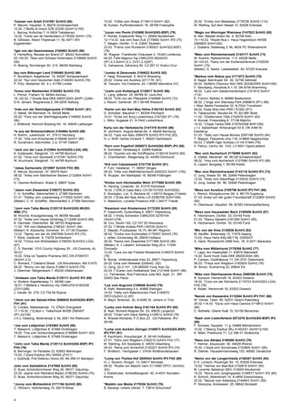 *Iceman von Arlett 2141091 SchH3 (98)                     15.02. *Cillita vom Streek 2118413 SchH1 (82)                25.02. *Emiliy vom Messebau 2178728 SchH2 (114)
P. Meurer, Hauptstr. 5, 56276 Großmaischeid               M. Kuhlen, Kurfürstendamm 18, 26169 Friesoythe               W. Riefling, Auf dem Hessel 10, 63526 Erlensee
12.02. (*)Buffy el Greco SZB 22249 (SchH1)(100)
L. Barcsa, Kulturhaz 7, H-3924 Taktakenez                 *Jucan von Peroh 2143690 SchH3(SG-BSP) (79)                  *Magic zur Worringer Rheinaue 2147922 SchH3 (85)
14.02. *Cena van de Herdersfarm 2178350 SchH1 (79)        P. Rohde, Enjebuhrer Weg 11, 26954 Nordenham                 B. Itter, Meister-Anton-Str. 4, 50769 Köln
B. Gillissen, Albert Thijsstraat 11, NL-6471 WX           12.+14.02. Isie vom fixen Dutt 2179482 SchH1 IP2 (70)        14.+16.02. *Aliyah-Noa v. Haus Hagendoorn NHSB
Eygelshofen                                               T. Stegen, Dorfstr. 11 A, 23847 Stubben                      2560600 SchH1(82)
                                                          23.02. *Frenzi vom Rurdamm 2160431 SchH3(G-BSP)              J. Doeland, Statieweg 3, NL-4634 PC Woensdrecht
*Igel von der Gewürzwiese 2160663 SchH3 (88)              (78)
S. Hempfling, Neuses am Brand 27, 96242 Sonnefeld         W. Wagner, Frankfurter Chaussee 3, 15345 Lichtenow           *Malu vom Riemsloherwald 2143117 SchH3 (73)
03.+05.03. *Assi vom Schloss Hohenstein 2108695 SchH3     04.03. Feibi Majoruv haj CMKU/DS 49242/03                    W. Kramm, Ratsherrenstr. 113, 49328 Melle
(90)                                                      (IP1,2,3,SchH1,2,3, ZVV1,2,3)(87)                            02.+03.03. *Dany von der Eichendorfschule 2152029
H. Boenig, Nürnberger Str. 215, 96050 Bamberg             G. Galvasova, Zahorany 92, CZ-267 01 Kraluv Dvur             SchH1 (75)
                                                                                                                       (Mieter): D. Sartor, Liesewaldstr. 40, 57223 Kreuztal
Ilay vom Bitburger Land 2190480 SchH2 (99)                *Jumbo di Zenevredo 2190622 SchH3 (82)
P. Bucklitsch, Kapellenstr. 15, 54597 Schlausenbach       F. Heigl, Romansstr. 5, 94315 Straubing                      *Markus vom Status quo 2171873 SchH3 (75)
22.02. *Nur vom Deutschen Adel 2140083 SchH3 (78)         25.02. Orana von Aurelius 2211178 (91)                       B. Nagel, Barntruper Str. 30, 32758 Detmold
P. Pütz, Alsbacher Str. 4 c, 51789 Lindlar                M. Tescaro, Via Costame, 24, I-36060 Marostice (VI)          05.02. Slottet's Chamour Noir DKK 20336/2005 SchH1(94)
                                                                                                                       F. Skovbjerg, Hovedvej A 1,10, DK-6740 Bramming
*Immo vom Waldwinkel 2154263 SchH3 (72)                   *Justin zum Kolbenguß 2135917 SchH2 (96)                     06.02. *Lara vom Siebenmühlenbach 2101810 SchH1
L. Pörner, Fraham 14, 84544 Aschau                        C. Lang, Ipflerstr. 25, 68789 St. Leon-Rot                   (114)
18.+20.02. (*)Svolle Boa DKK 09557/2003 (BHP1,2)(94)      08.02. *Gritt von der Pfalzperle 2164888 SchH3 (72)          E. Fromm, Mühltor 6, 99986 Niederdorla
D.N. Jensen, Wagnersvej 2, DK-9200 Aalborg                J. Rauch, Gartenstr. 25 f, 69168 Wiesloch                    08.02. (*)Inga vom Steinway-Park 2089874 (IP1) (86)
                                                                                                                       I. Moe, Nedre Ferstadvei 32, N-7024 Trondheim
*Indo von der Steinhägerquelle 2170808 SchH1 (91)         *Kanto von der Karl-May Höhle 2192183 SchH2 (92)             09.02. Doda Wan-Hen PKR I 57282 (IP1)
O. Nebel, Alt Riemsloh 14, 49328 Melle                    D. Schüßler, Maushof 11, 85309 Pörnbach                      H. Tabaczynski, Skocka 54, PL-62-085 Skoki
05.02. *Fara von der Steinhägerquelle 2146955 SchH2       10.01. *Evita von Burg Lockenhaus 2167262 IP1 (76)           11.02. *Ebafarmens Tilda 2152979 SchH1 (83)
(90)                                                      L. Milici, Augasse 21, A-7442 Lockenhaus                     H. Korzak, Finkensteig 6, 17139 Malchin
J. Wittbrodt, Heinrich-Büssing-Str. 16, 49549 Ladbergen                                                                14.02. *Chijas Yanka DKK 01979/2006 BHP1(90)
                                                          Karly von der Herbsteiche 2147318 SchH3 (86)                 J.+J. Siebenhaar, Kirkevanget 53 A, DK-4360 Kr.
*Ix aus der Birkenschäferei 2184864 SchH3 (89)            R. Jochheim, August-Bebel-Str. 4, 06406 Bernburg             Eskilstrup
H. Brehm, Juesholzstr. 41, 37412 Herzberg                 04.03. *Upsi von Batu 2089378 SchH3 IP3 FH2 (83)             01.03. *Sally vom Hause Monika 2097166 SchH3 (94)
17.02. *Vita vom Kirschental 2145646 SchH1 (80)           H.-J. Wolf, Gerbis Vorwerk 1, 06922 Gerbisbach               T. Magyar, Felsoerdo utca 116, H-8800 Nagykanizsa
R. Dunemann, Bahnhofstr. 2 a, 37197 Hattorf                                                                            04.03. (*)Steffi Oger Schloss LV-VA 01844 (78)
                                                          *Karn vom Fegelhof 2050873 SchH3(SG-BSP) IP3 (80)            V. Petrov, Cerinu Str. 10/2, LV-5001 Ogre/Lettland
*Jack von der Laue 2123964 SchH3(SG-LGA) (86)             K. Schreiber, Heideweg 6, 32689 Kalletal
K. Grabowski, Steigerstr. 13, 44795 Bochum                06.02. *Quicksi von der Schiffslache 2136318 SchH3 (90)      *Mec vom Ascherloch 2178090 SchH1 (82)
21.02. *Gina vom Sportpark 2131091 SchH3 (78)             C. Chamberlain, Stiegenweg 32, 44369 Dortmund                A. Gläßel, Marienstr. 36, 95126 Schwarzenbach
W. Krumnack, Steigerstr. 13, 44795 Bochum                                                                              08.02. *Inka vom Ascherloch 2127890 SchH3 IP3 (88)
                                                          *Kid vom Casselswald 2151735 SchH3 (91)                      S. Lippert, Burgweg 1, 95189 Köditz
*Jakas Garliavietis 2210987 SchH3 FH2 (98)                P. Fuhr, Heisterstr. 11, 66557 Illingen
K. Menze, Buchenstr. 37, 59379 Selm                       26.02. *Ollie vom Mathildenschacht 2092223 SchH1 (105)       *Mec vom Riemsloherwald 2143118 SchH3 IP3 (73)
08.02. *Anka vom Steinheimer Becken 2132804 SchH1         R. Wupper, Am Marktplatz 16, 66346 Püttlingen                D. Jung, Ilveser Str. 96, 32469 Petershagen
(73)                                                                                                                   12.02. *Holly vom Steenflage 2133032 SchH3 (74)
H. Ossmer-Rottmann, Brake 5, 28857 Syke                   *Kimbo vom Höchstadter Wehr 2177868 SchH3 (89)               D. Jung, Ilveser Str. 96, 32469 Petershagen
                                                          N. Herzing, Lindenstr. 34, 91315 Höchstadt
*Jason vom Zisawinkel 2169372 SchH2 (93)                  16.02. (*)Otti di Casa Mary LOI 05/101532 SchH2(92)          *Mexx von Aurelius 2100756 SchH3 IP3 FH1 (66)
C.-H. Scheffler, Stemmerfeld 3, 27389 Stemmen             E. Bozieglav, Loc. S. Barbara 42, I-34015 Muggia (Trieste)   L. Klemm, Königsbrunner Str. 4, 86179 Augsburg
01.01. *Debby vom Julianenweg 2172502 SchH1 (95)          05.03. (*)Fata dell Alpe Adria LOI 03/80795 SchH1(95)        01.03. Anika von der guten Freundschaft 2122804 SchH2
(Mieter): C.-H. Scheffler, Stemmerfeld 3, 27389 Stemmen   V. Maestroni, Localita Prosecco 458, I-34017 Trieste         (90)
                                                                                                                       H. Oberbauer, Hauptstr. 59, 82383 Hohenpeißenberg
*Javir vom Talka Marda 2125110 SchH3(SG-WUSV-             *Kwantum vom Klostermoor 2172355 SchH3 (85)
WM) (71)                                                  P. Ossevorth, Gutshofweg 6, 26871 Papenburg                  *Mexx vom Hauswalder Bach 2160556 SchH3 (87)
M. Knoche, Krautgartenweg 16, 86356 Neusäß                06.02. (*)Holly Schreidon CMKU/DS 52767/04                   K. Höchsmann, Dorfstr. 33, 03149 Forst
07.02. *Anka vom Hause Schöntag 2112495 SchH3 (99)        (SchH1)(78)                                                  01.03. *Ranny Sabatini 2181060 SchH1 (85)
K. Oechsler, Oberdorfstr. 88, 68753 Waghäusel             M. Cirz, Skolni 192, CZ-747 35 Hnevosice                     K. Höchsmann, Dorfstr. 33, 03149 Forst
11.02. *Elfi vom Maibachtal 2188341 SchH1 (84)            07.02. (*)Walle Ardelia PKR I-59729 (SchH1)
(Mieter): K. Klotzsche, Grimmstr. 91, 01139 Dresden       Z. Stepski, Przybszewo 19, PL-06-461 Regimin                 *Mic von der Kine 2135636 SchH3 (83)
13.02. *Sandy von der Ah 2067659 SchH3 IP3 (72)           08.02. *Ondra vom Eichenpfad 2179307 SchH3 (76)              M. Neuffer, Birkenweg 10, 71679 Asperg
T. Röck, Gartenstr. 9, 73278 Schlierbach                  J. Jelten, Eichenweg 36, 26835 Holtland                      13.02. Haus Haris Kitty MET.Nj. 03550/07
14.02. *China vom Bröckelstein 2159254 SchH3(V-LGA)       09.02. *Kenia vom Zisawinkel 2171566 SchH2 (99)              G. Haris, Rozsadomb 2469 hrsz. 18, H-2471 Baracska
(67)                                                      (Mieter): K.-I. Labahn, Schwarzer Weg 28 b, 17454
C. D. Randall, 1510 County Highway 29 , US-Oneonta, AL    Zinnowitz                                                    *Mika vom Wällerhorst 2176306 SchH2 (77)
35121                                                     13.02. *Lara von der Freiheit Westerholt 2149075 SchH3       T. Lapp, Am Hasenpfad 11, 63674 Altenstadt
15.02. Orka od Tepleho Pramena AKC DN 07064701            (78)                                                         14.02. Sund Hund Gata DKK 08005/2004 (96)
(SchH1,2,3)                                               B. Norda, Umländerwiek links 23, 26871 Papenburg             P. Carlsen, Godthäbsvej 17, DK-3751 Östermarie
C. Romard, 7 Oakland Street , US-Winchendon, MA 01475     24.02. Gina vom Welsetal 2204442 (92)                        06.03. *Freya vom Wegborn 2182924 SchH2 (76)
28.02. *Bonny von der Glana 2146613 SchH3 (79)            G. Zeng, 22-2-101 , CN-065000 Yong Xiao Qu                   M. Simon, Kurtrierring 22, 65604 Elz
J. Obermair, Miegersbach 7, 85235 Odelzhausen             02.03. (*)Caren vom Holtkämper See 2121548 SchH1 (89)
                                                          J.L. Fernandes, Rua Francisca Julia 563, Appt. 31 , BR-      *Mike vom Oberhausener-Kreuz 2068396 SchH3 (75)
*Jimbeam vom Talka Marda 2125111 SchH3 IP3 (69)           02403 Sao Paulo                                              R. Schaum, Herrenroth 16, 63303 Dreieich
U. Wolters, Kapellenweg 11, 48366 Laer                                                                                 16.02. *Cora von der Körrlache 2115723 SchH3(SG-LGA)
16.01. (*)Befane z Heranovy vily CMKU/DS 61822/06         *Lex vom Augrund 2186946 SchH2 (79)                          FH2 (78)
(ZVV1)(88)                                                R. Rath, Meisenweg 4 b, 40885 Ratingen                       K. Röder, Herrenroth 16, 63303 Dreieich
J. Ivanek, Nr. 279, CZ-739 56 Ropice                      14.02. *Helly vom Batenbrocker Park 2185670
                                                          ÖPO1(SchH1,2) (97)                                           *Nanuk von Kassandra 2115384 SchH3 IP3 FH1 (96)
*Jimm von der Salztal-Höhe 2096935 SchH3(SG-BSP)          A. Mayrl, Birkenstr. 2b, A-6380 St. Johann in Tirol          W. Glinde, Talstr. 95, 52531 Übach-Palenberg
FH1 (81)                                                                                                               25.02.+14.03. *Dyna vom Haus Clanora 2119812 SchH1
D. Cordes, Reitwiesenstr. 13, 27624 Drangstedt            *Lucky vom Hohner Berg 2161184 SchH3 IP3 (80)                (86)
17.+19.02. (*)Catch v. Tiekerhook NHSB 2585457            B. Asel, Richard-Wagner-Str. 23, 49525 Lengerich             C. Nothelle, Oberer Kalk 15, 52156 Monschau
(IP1,2)(100)                                              28.02. *Chari vom Haus Steiling 2126512 SchH2 (76)
J.H.J. Hassing, Molenstraat 3, NL-5561 AA Riethoven       K. Wiacek-Richards, P.O.Box 23 , US-Palestine, WV            *Nash vom Lisdorferland 2073276 SchH3(SG-BSP) IP3
                                                          26160                                                        (88)
*Joe vom Lüttjenhan 2183562 SchH3 (95)                                                                                 F. Schawe, Hauptstr. 11 g, 04889 Mehderitzsch
T. Maiworm, Lüttjenhan 8, 57489 Drolshagen                *Lump vom dunklen Zwinger 2105673 SchH3(SG-BSP)              10.02. (*)Nancy Eqidius SKJ 41452/01 (SchH1)(100)
18.02. Tina vom Schaumbergerland 2189989 SchH1 (83)       IP3 FH1 (91)                                                 K. Milan, Presfovice 71, CZ-386 01 Strakonice
T. Maiworm, Lüttjenhan 8, 57489 Drolshagen                R. Kaufmann, Kreuzbergstr. 8, 36145 Hofbieber
                                                          27.01. *Doro vom Wegborn 2162210 SchH3 FH2 (77)              *Naxx von Athaba 2190280 SchH3 (78)
*John vom Talka Marda 2125112 SchH3(SG-BSP) IP3           M. Stehling, Am Spielplatz 4, 34630 Gilserberg               T. Helmer, Aloysiusstr. 92, 48429 Rheine
FH2 (76)                                                  04.03. *Nena vom Annenhof 2120221 SchH3 IP3 (74)             15.02. (*)Ayla vom Sonnensee 2153805 SchH1 (85)
B. Berninger, Im Paradies 33, 63853 Mömlingen             F. Wollborn, Teichgasse 1, 37434 Wollbrandshausen            R. Detmer, Hauswörmannsweg 153, 49082 Osnabrück
15.02. (*)Zara Eqidius SKJ 54504 (ZVV1)
J. Sudimak, Pod Sibenou Horou 45, SK-085 01 Bardejov      *Lump von Theiles-Hof 2029343 SchH3 IP3 FH2 (89)             *Nemo von der Lengernheide 2158387 SchH3 (93)
                                                          H.-J. Severin, Ringstr. 13, 04617 Monstab                    E.H. Lorösch, Rückinger Str. 10, 63526 Erlensee
Jollo vom Salztalblick 2147950 SchH3 (80)                 08.02. *Rustie von Maschi Gem 2113485 ÖPO1 (SchH2)           12.02. *Helmai von Bad-Boll 2152819 SchH1 (93)
D. Buss, Schönbörnchener Weg 35, 08371 Glauchau           (93)                                                         M. Levente, Belsönyir 68/3, H-6000 Kecskemet
23.02. Jeanie vom Weinland Baden 2196352 SchH2 (75)       J. Ebetshuber, Schiedlbergerstr. 40, A-4531 Kematen-         15.02. *Norra vom Jünglingsplatz 2148577 SchH1 IP2 (80)
D. Buss, Schönbörnchener Weg 35, 08371 Glauchau           Krems                                                        A. Schoch, Albertsham 14, A-4906 Eberschwang
                                                                                                                       22.02. *Bezzie vom Adlerberg 2144843 SchH1 (95)
*Jonny vom Mühlenblick 2171194 SchH2 (80)                 *Maddin von Media 2178354 SchH3 (76)                         P. Skrezyna, Andreasstr. 25, 68642 Bürstadt
C. Oltmann, Veilchenweg 19, 26219 Bösel                   B. Baranja, Untere Uferstr. 7, 73614 Schorndorf


4
 