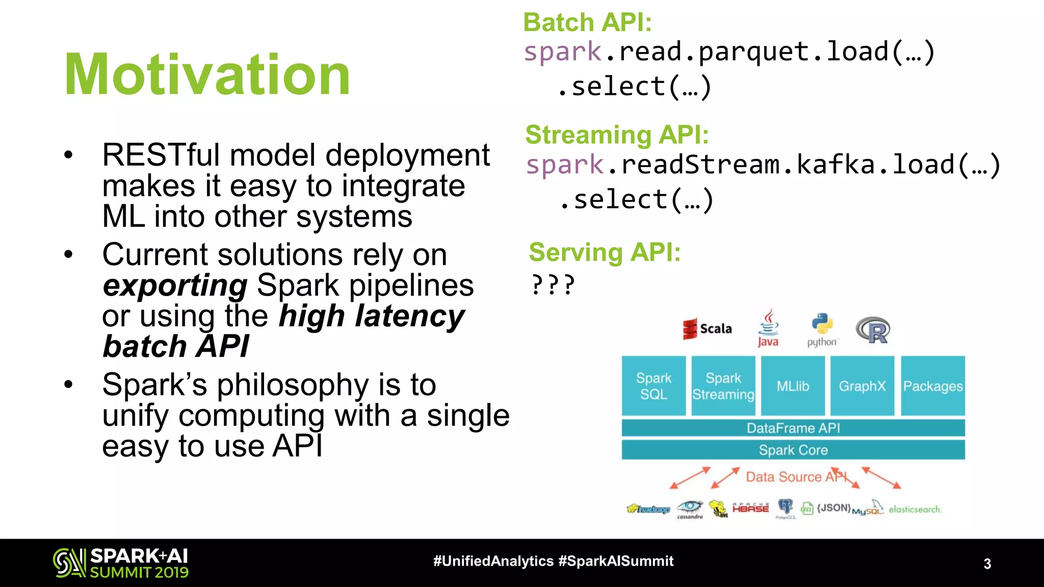 Motivation • RESTful model deployment makes it easy to integrate ML into other systems • Current solutions rely on exporting Spark pipelines or using the high latency batch API • Spark’s philosophy is to unify computing with a single easy to use API 3#UnifiedAnalytics #SparkAISummit spark.read.parquet.load(…) .select(…) spark.readStream.kafka.load(…) .select(…) Batch API: Streaming API: Serving API: ??? 