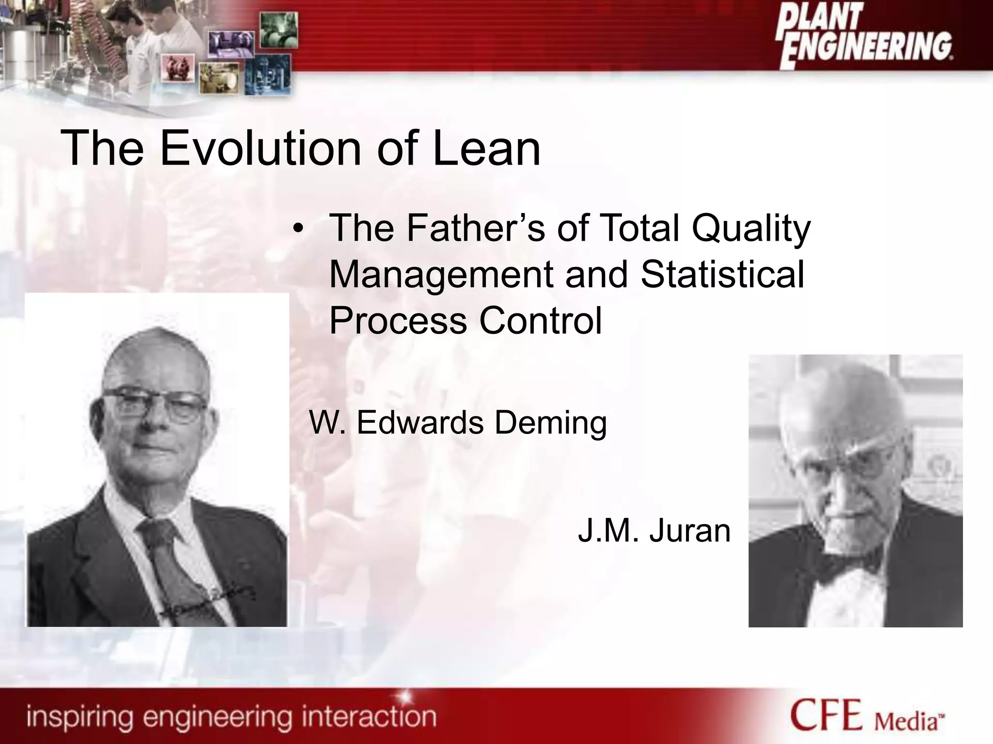 The Evolution of Lean
• The Father‟s of Total Quality
Management and Statistical
Process Control
W. Edwards Deming
J.M. Juran
 