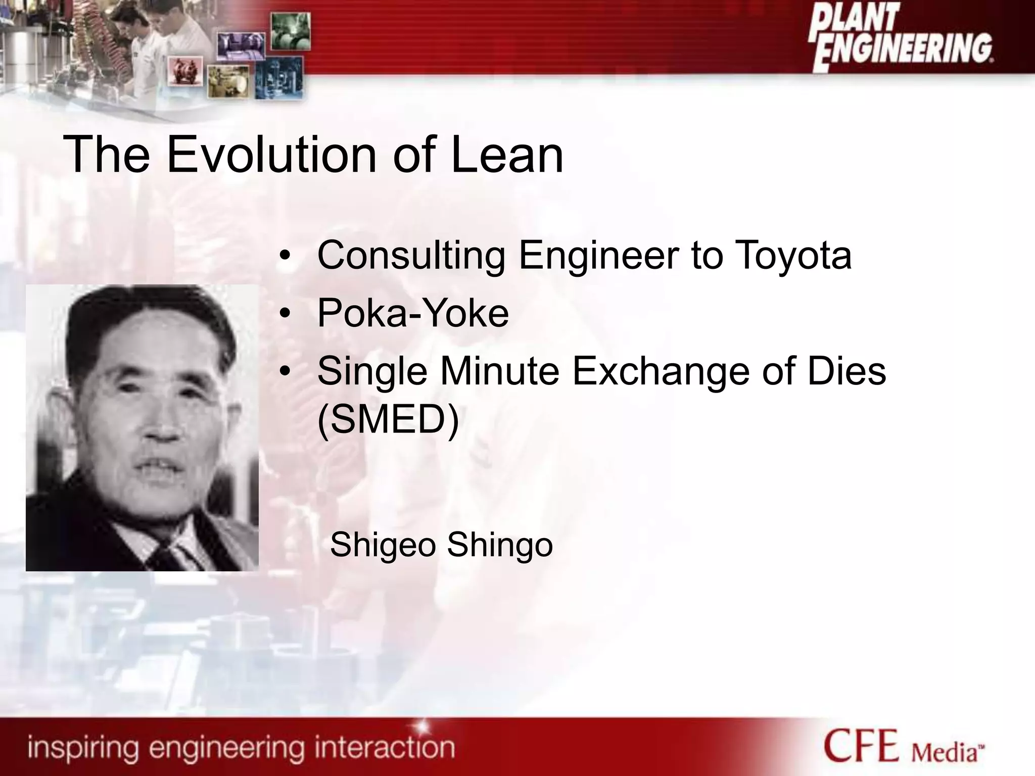 The Evolution of Lean
• Consulting Engineer to Toyota
• Poka-Yoke
• Single Minute Exchange of Dies
(SMED)
Shigeo Shingo
 