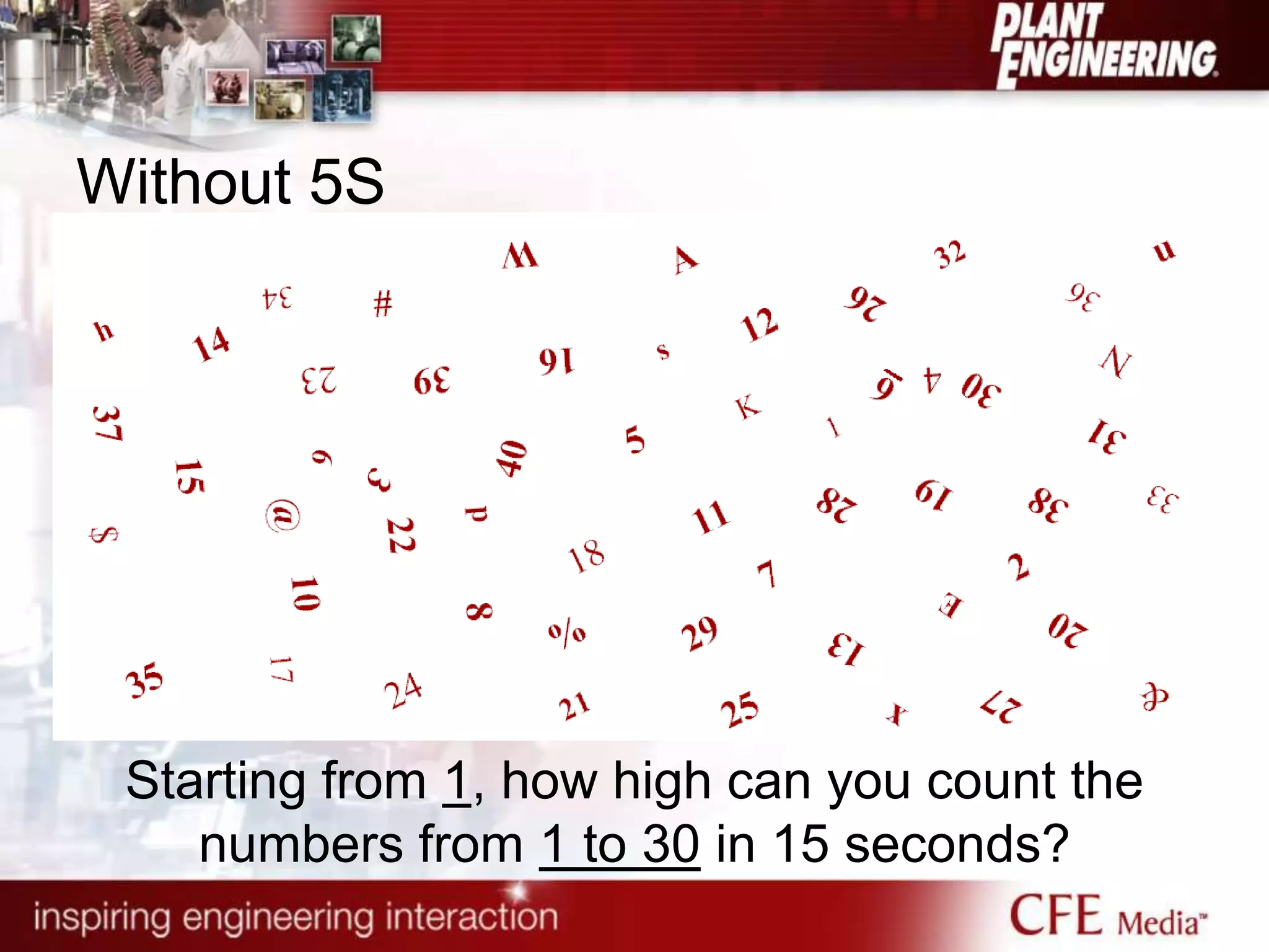 Without 5S
Starting from 1, how high can you count the
numbers from 1 to 30 in 15 seconds?
 