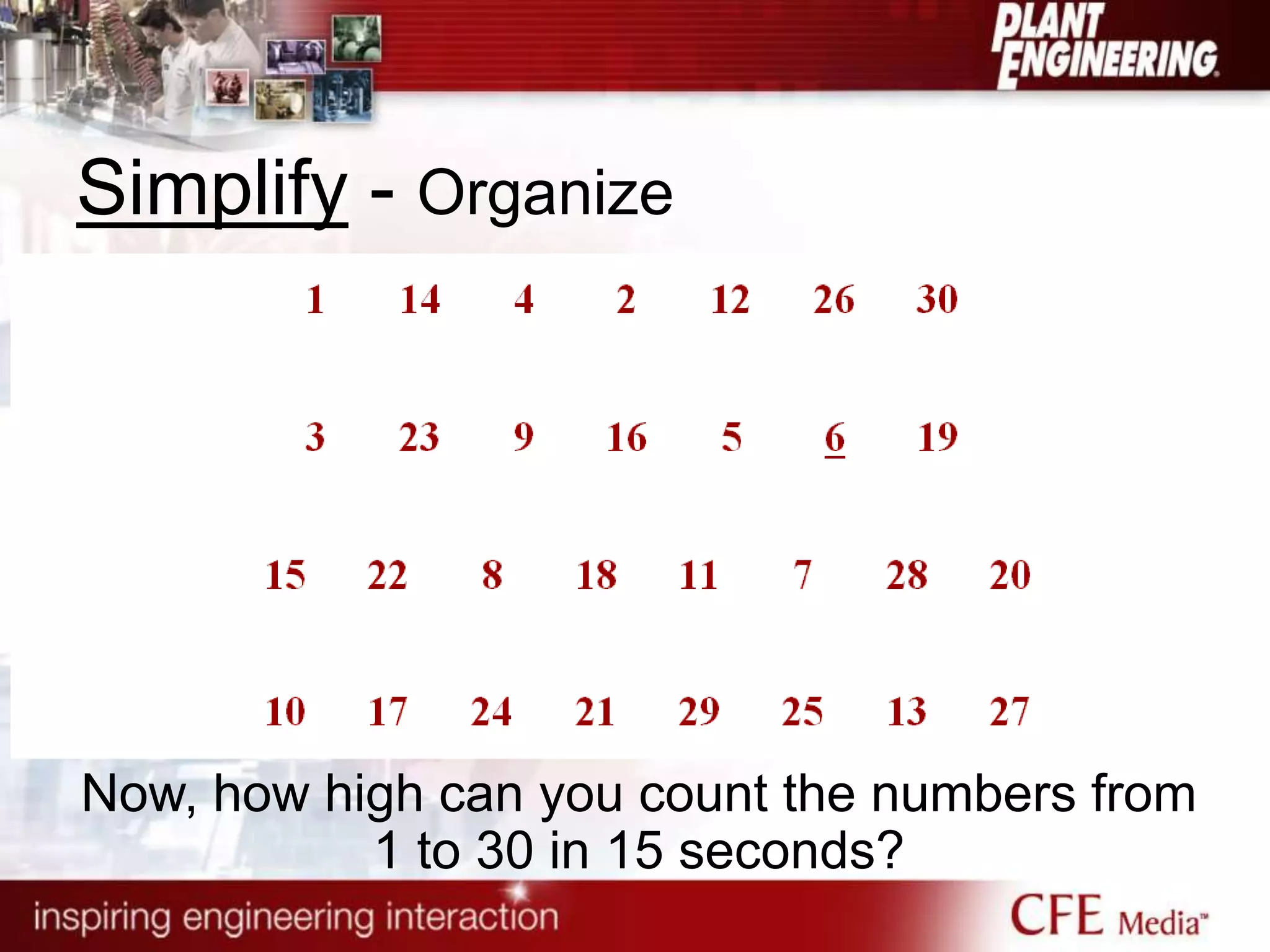 Simplify - Organize
Now, how high can you count the numbers from
1 to 30 in 15 seconds?
 