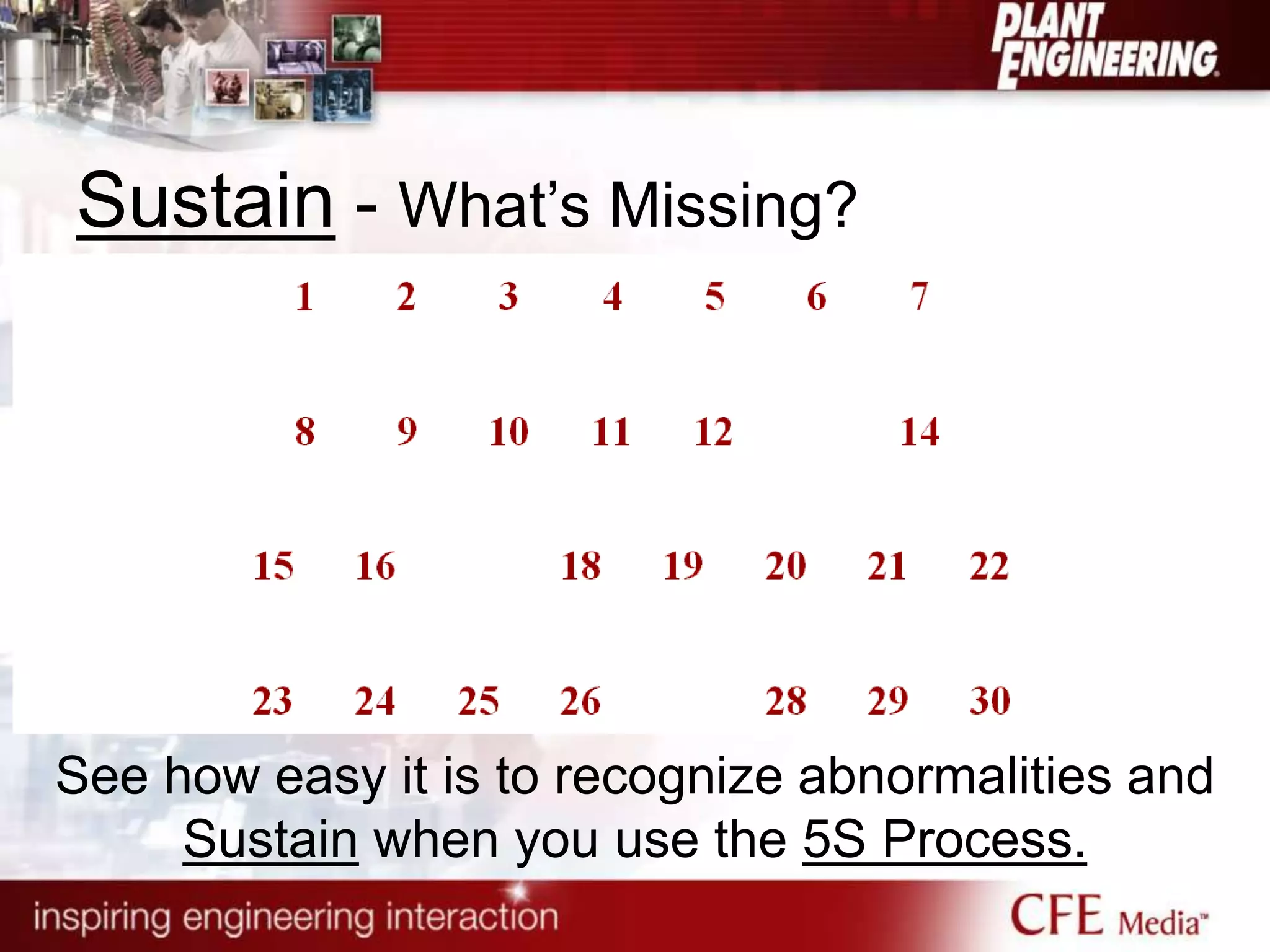 Sustain - What‟s Missing?
See how easy it is to recognize abnormalities and
Sustain when you use the 5S Process.
 