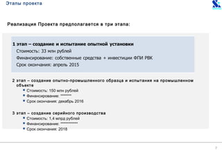 Этапы проекта
2 этап – создание опытно-промышленного образца и испытания на промышленном
объекте
 Стоимость: 150 млн рублей
 Финансирование: *******
 Срок окончания: декабрь 2016
3 этап – создание серийного производства
 Стоимость: 1,4 млрд рублей
 Финансирование: ***********
 Срок окончания: 2018
Реализация Проекта предполагается в три этапа:
7
 