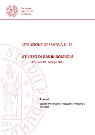 ISTRUZIONE OPERATIVA N. 11
UTILIZZO DI GAS IN BOMBOLE
Revisione 01 - Maggio 2013
A cura di:
Servizio Prevenzione, Protezione, Ambiente e
Sicurezza
 