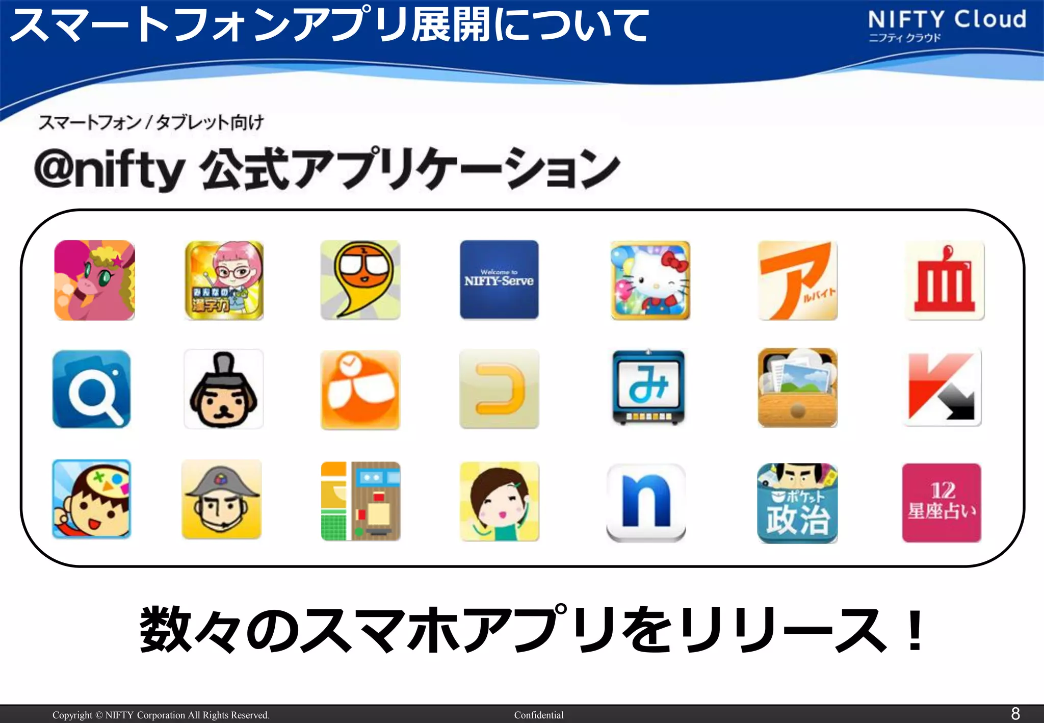Copyright © NIFTY Corporation All Rights Reserved. Confidential 8
スマートフォンアプリ展開について
数々のスマホアプリをリリース！
 